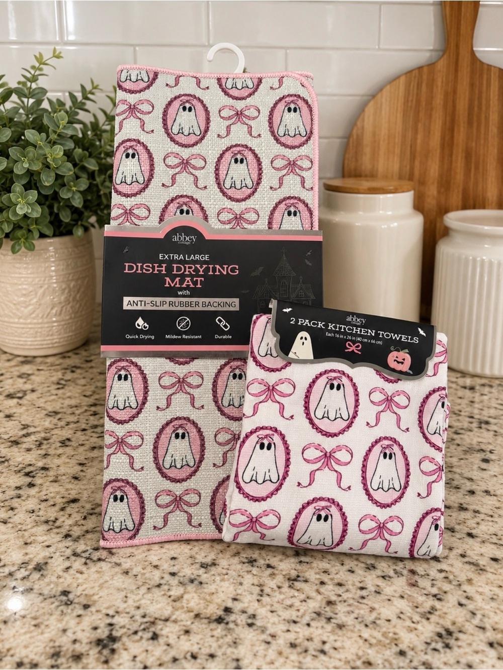 NWT Abbey Cottage Pink Ghost Kitchen Towel & XL Dish Drying Mat Set Halloween